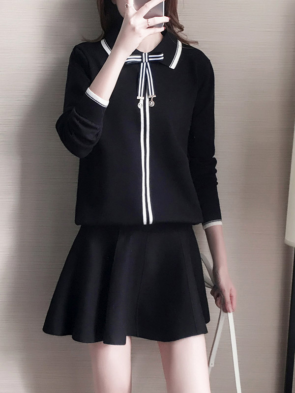 Black Knit Long Sleeve Polo Top with Skater Skirt