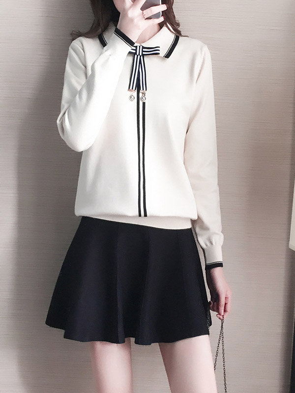 White Knit Long Sleeve Polo Top with Skater Skirt