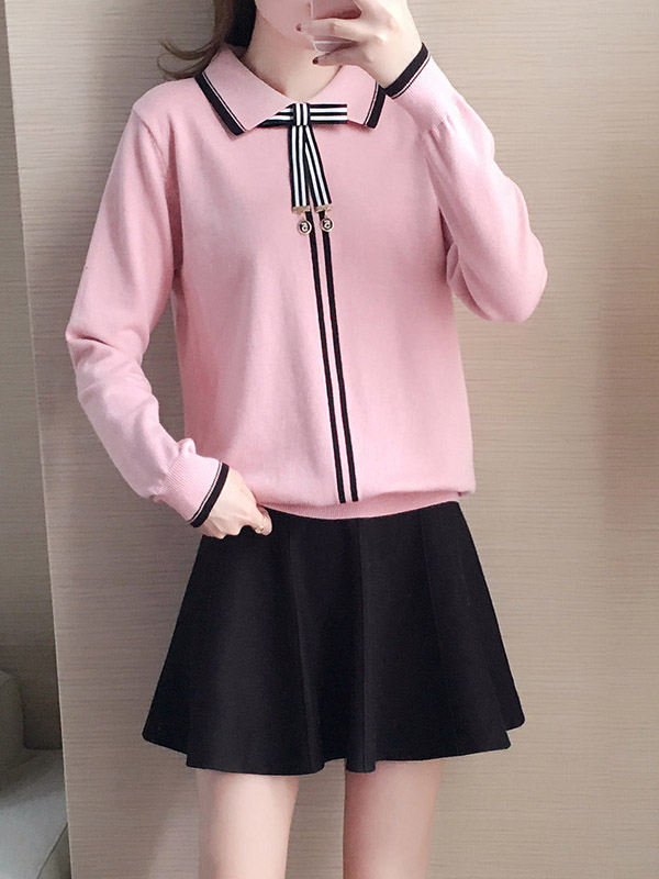 Pink Knit Long Sleeve Polo Top with Skater Skirt