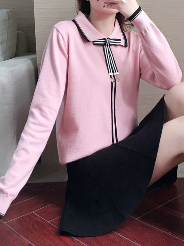 Pink Knit Long Sleeve Polo Top with Skater Skirt