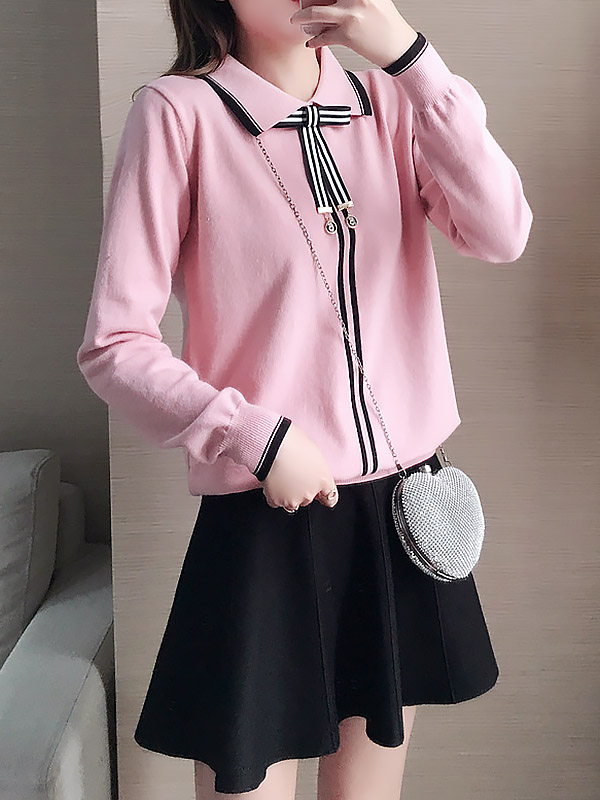 Pink Knit Long Sleeve Polo Top with Skater Skirt