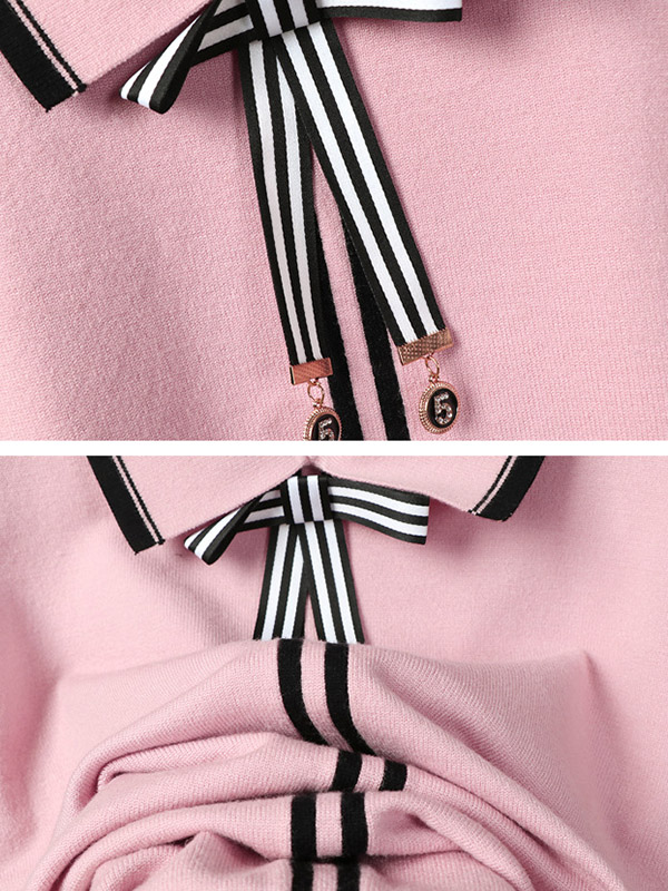 Pink Knit Long Sleeve Polo Top with Skater Skirt