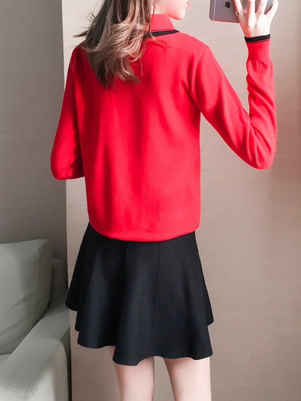 Red Knit Long Sleeve Polo Top with Skater Skirt