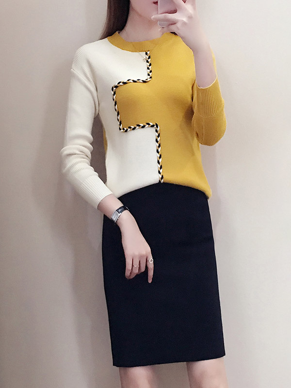 Color Block Knit Top in White & Yellow with Pencil Skirt