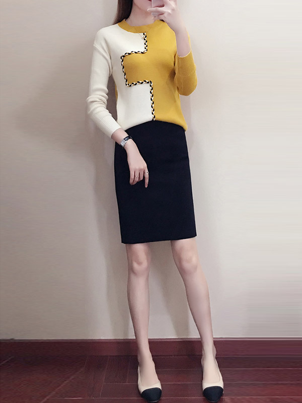 Color Block Knit Top in White & Yellow with Pencil Skirt