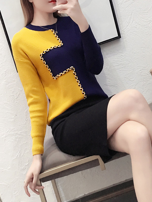 Color Block Knit Top in Yellow & Navy Blue with Pencil Skirt