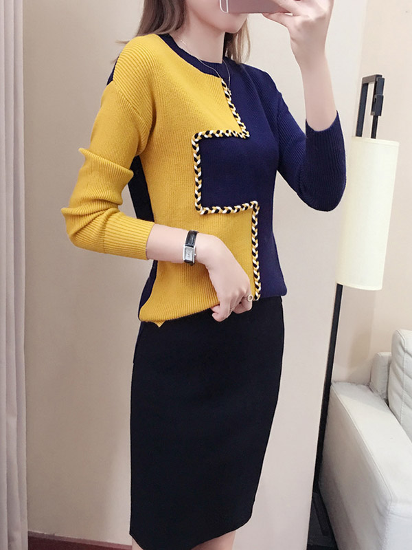 Color Block Knit Top in Yellow & Navy Blue with Pencil Skirt