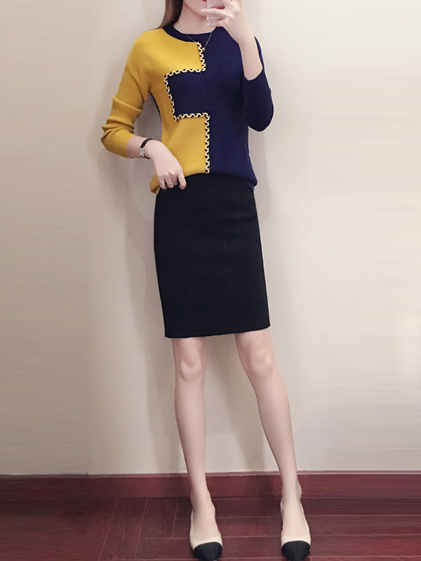 Color Block Knit Top in Yellow & Navy Blue with Pencil Skirt