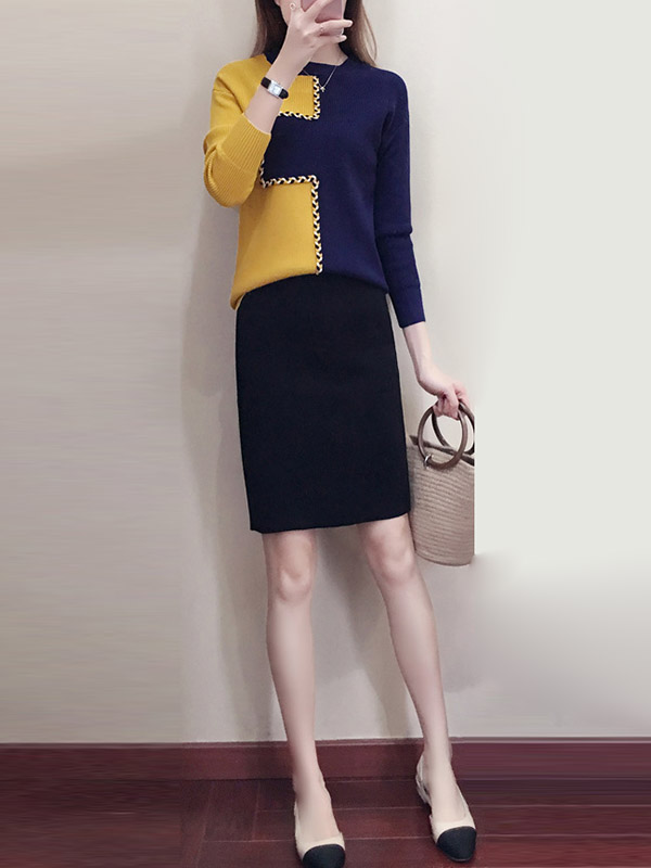 Color Block Knit Top in Yellow & Navy Blue with Pencil Skirt