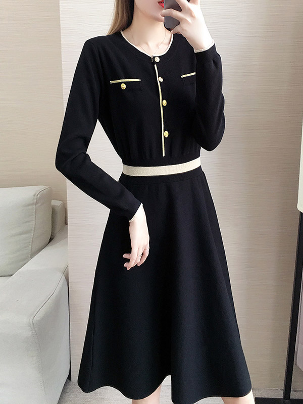 Black Round Neck High Waist Knitted Dress