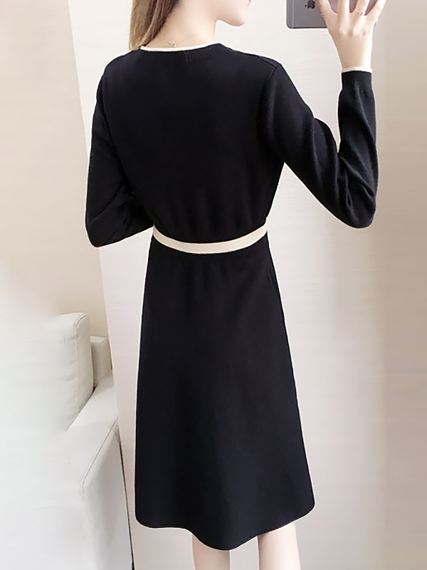 Black Round Neck High Waist Knitted Dress