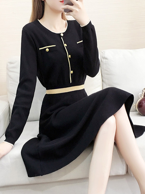 Black Round Neck High Waist Knitted Dress