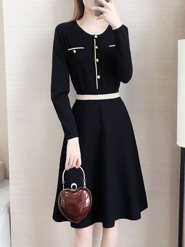 Black Round Neck High Waist Knitted Dress