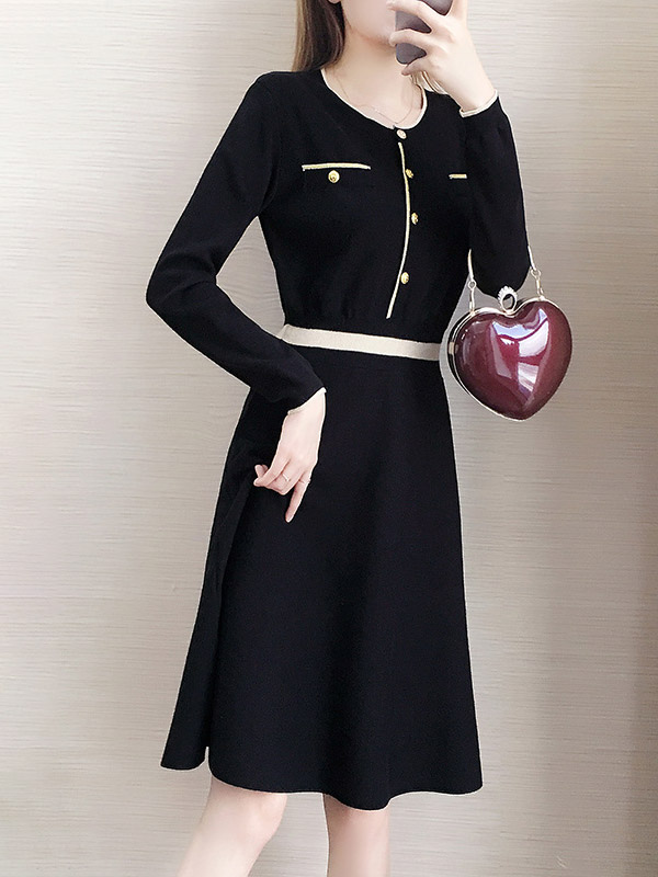 Black Round Neck High Waist Knitted Dress