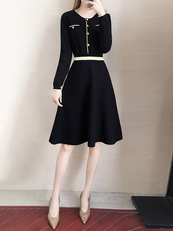 Black Round Neck High Waist Knitted Dress