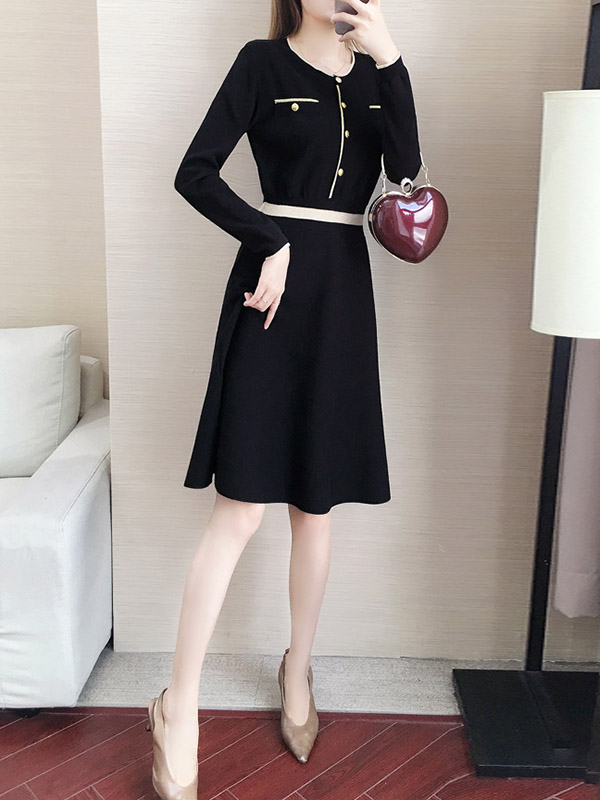 Black Round Neck High Waist Knitted Dress