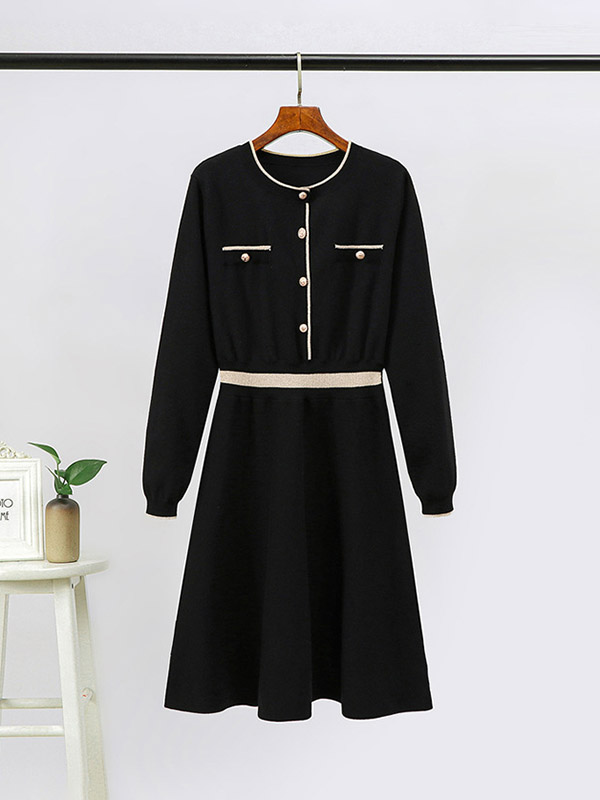 Black Round Neck High Waist Knitted Dress