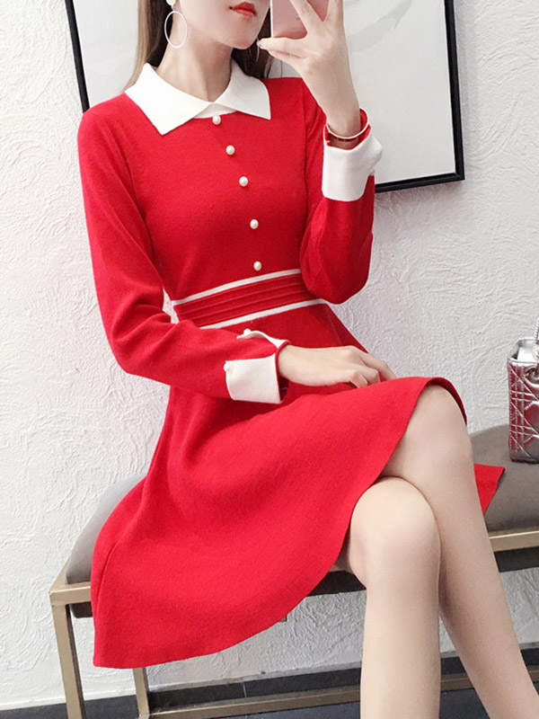 Red Round Neck Knitted Dress with Faux Pearl Button