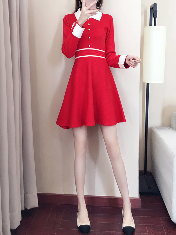 Red Round Neck Knitted Dress with Faux Pearl Button