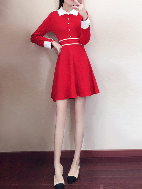 Red Round Neck Knitted Dress with Faux Pearl Button