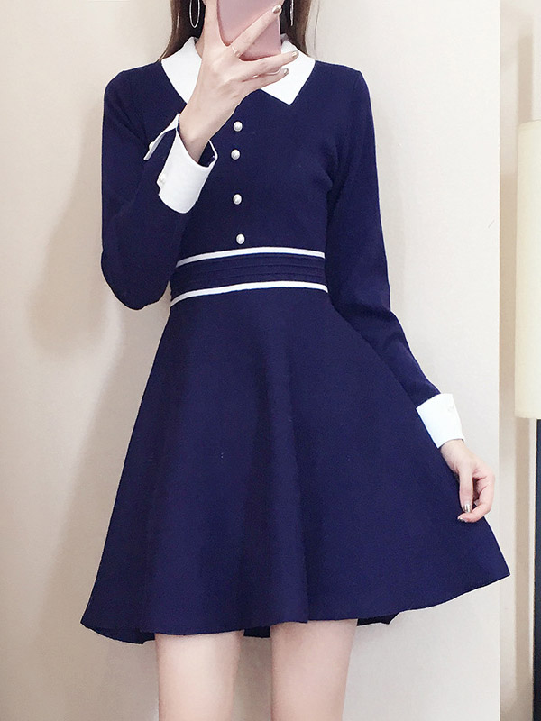 Navy Blue Round Neck Knitted Dress with Faux Pearl Button