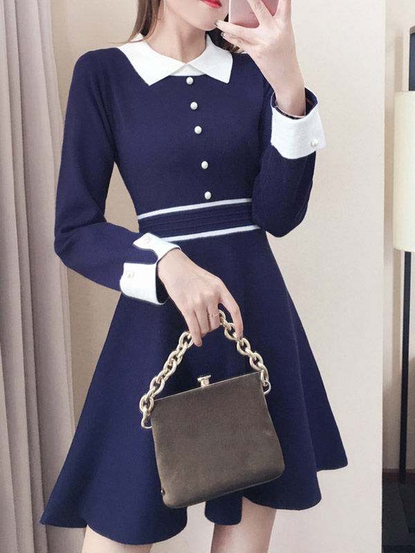 Navy Blue Round Neck Knitted Dress with Faux Pearl Button