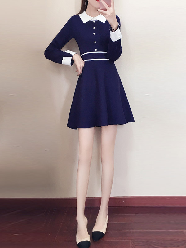 Navy Blue Round Neck Knitted Dress with Faux Pearl Button