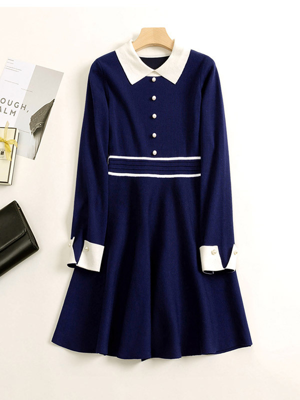 Navy Blue Round Neck Knitted Dress with Faux Pearl Button