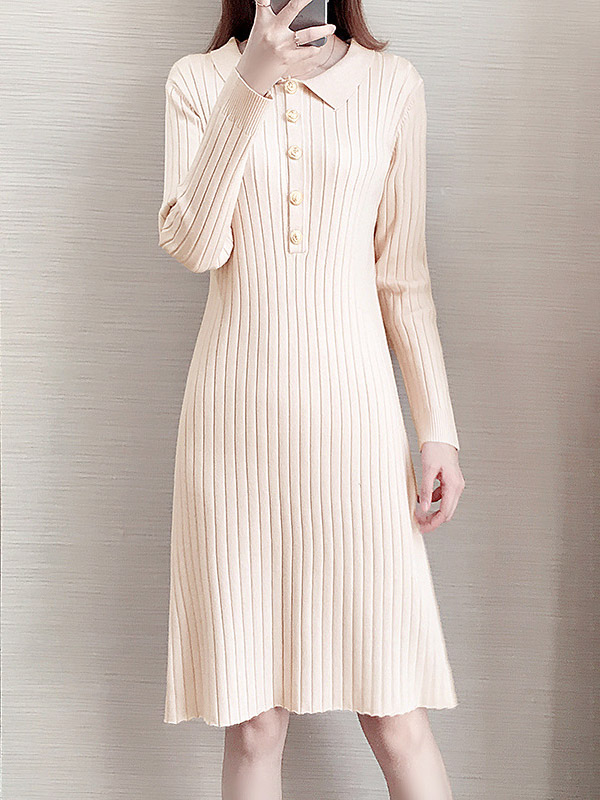 Apricot Ponit Collar Knitted Dress with Button Decoration