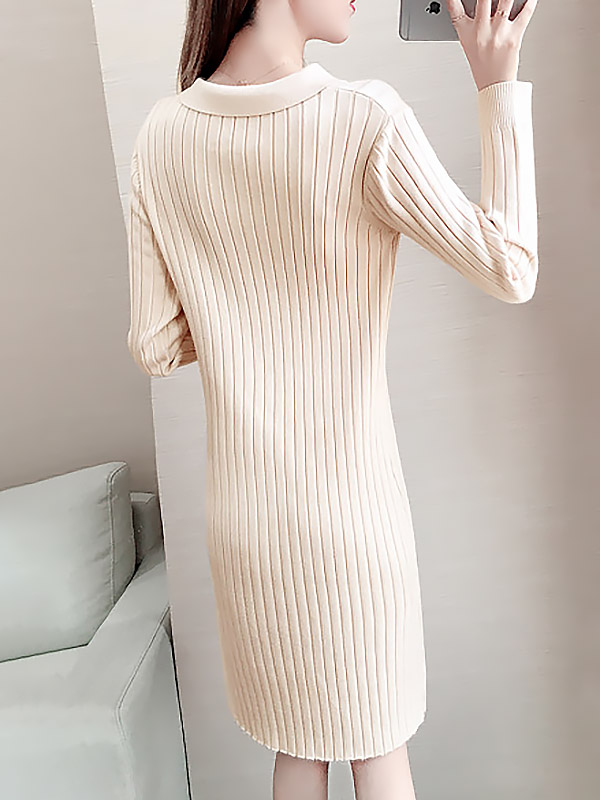 Apricot Ponit Collar Knitted Dress with Button Decoration