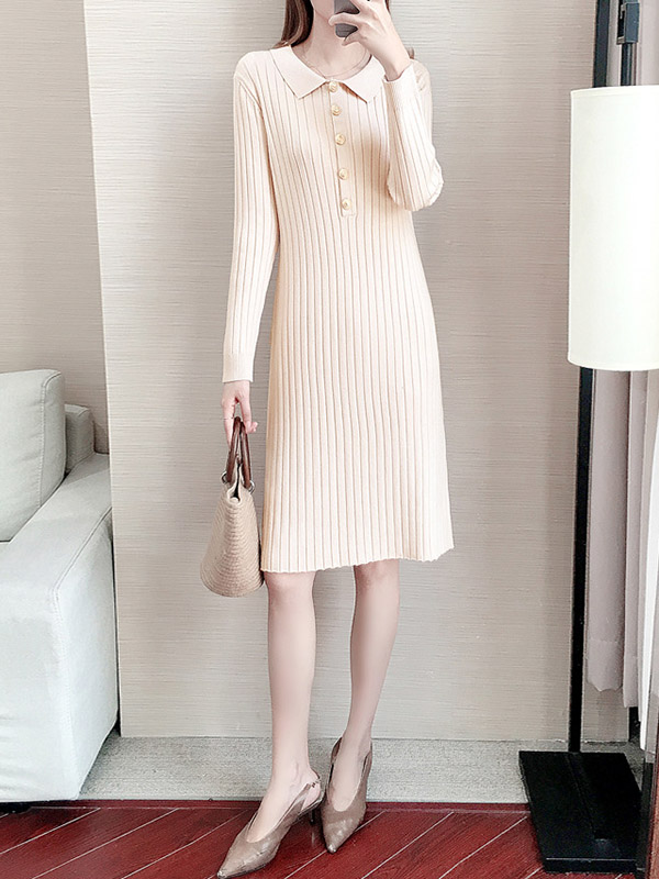 Apricot Ponit Collar Knitted Dress with Button Decoration