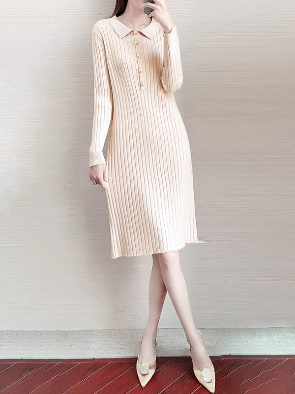 Apricot Ponit Collar Knitted Dress with Button Decoration