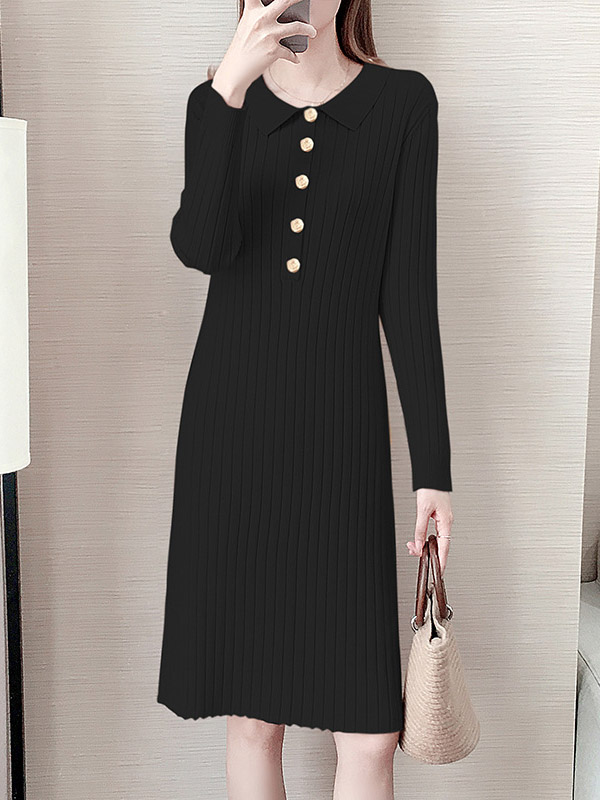 Black Ponit Collar Knitted Dress with Button Decoration