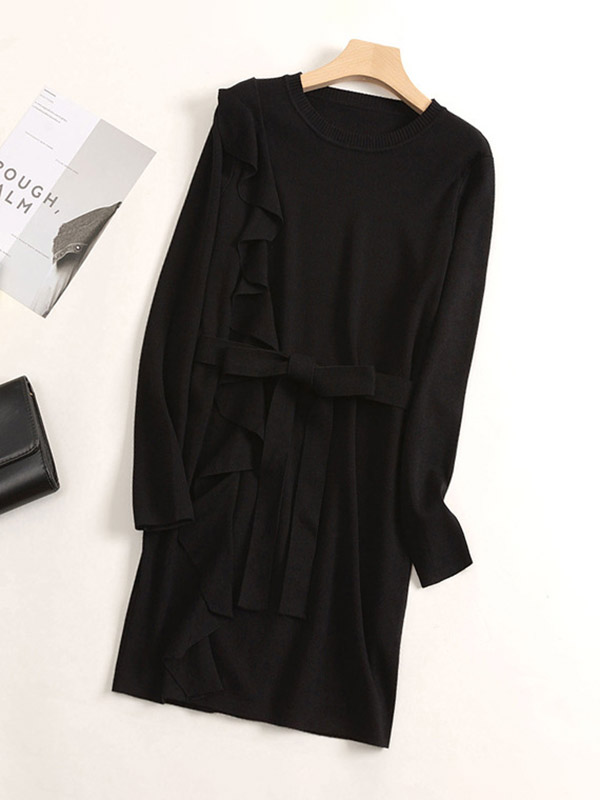 Black Round Neck Knit Dress in Ruffle Detail