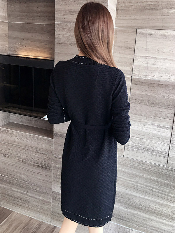 Black V- Neck Tie Waist Knit Dress 