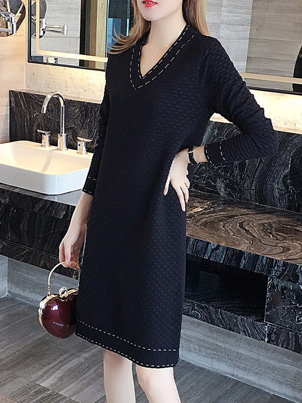 Black V- Neck Tie Waist Knit Dress 