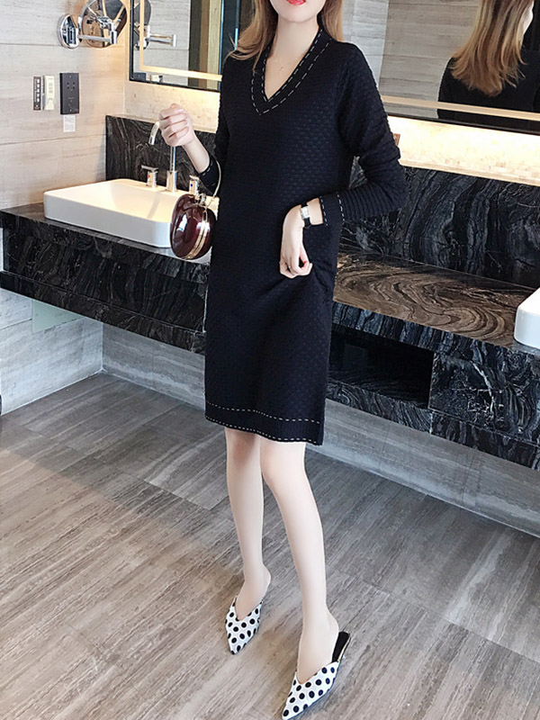 Black V- Neck Tie Waist Knit Dress 