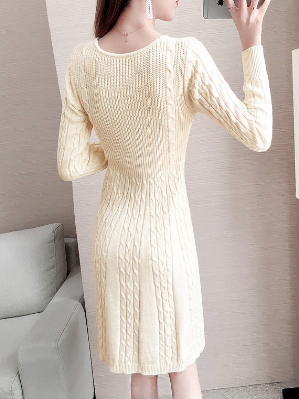 Apricot V-neck Cable Knitted Dress