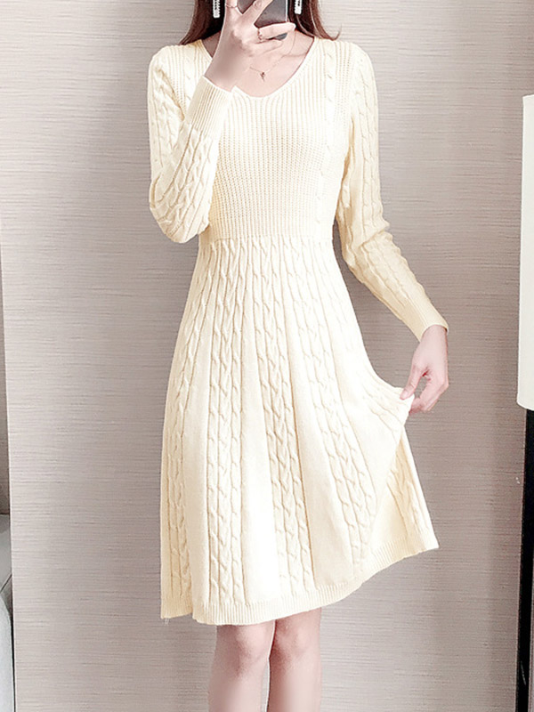 Apricot V-neck Cable Knitted Dress