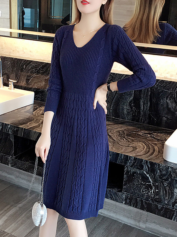 Navy Blue V-neck Cable Knitted Dress