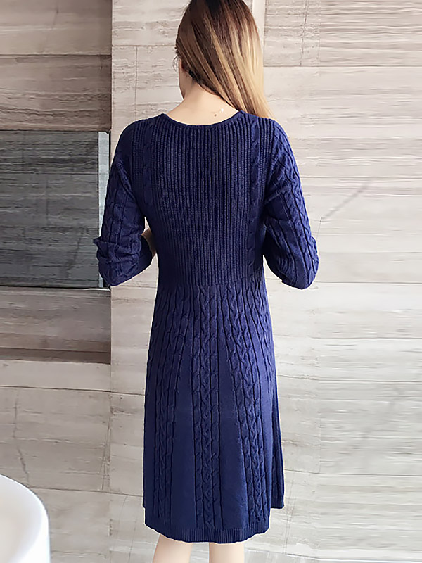 Navy Blue V-neck Cable Knitted Dress