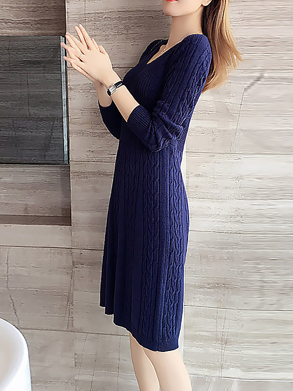 Navy Blue V-neck Cable Knitted Dress