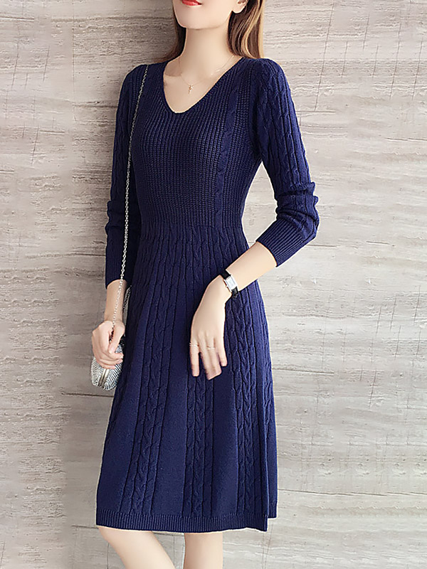 Navy Blue V-neck Cable Knitted Dress