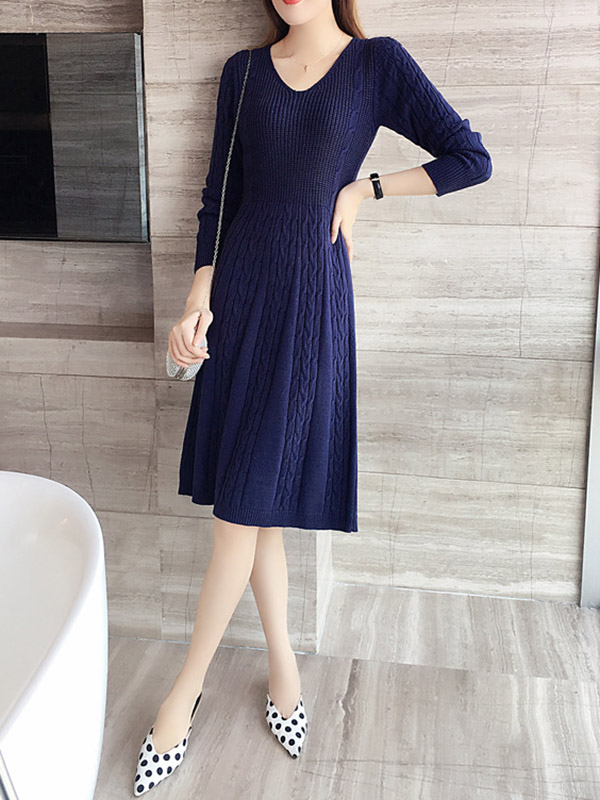 Navy Blue V-neck Cable Knitted Dress