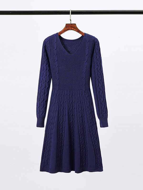 Navy Blue V-neck Cable Knitted Dress