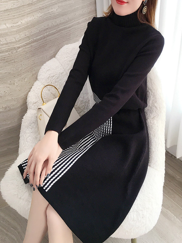 Black High Neck Knit Dress with Check Stitch