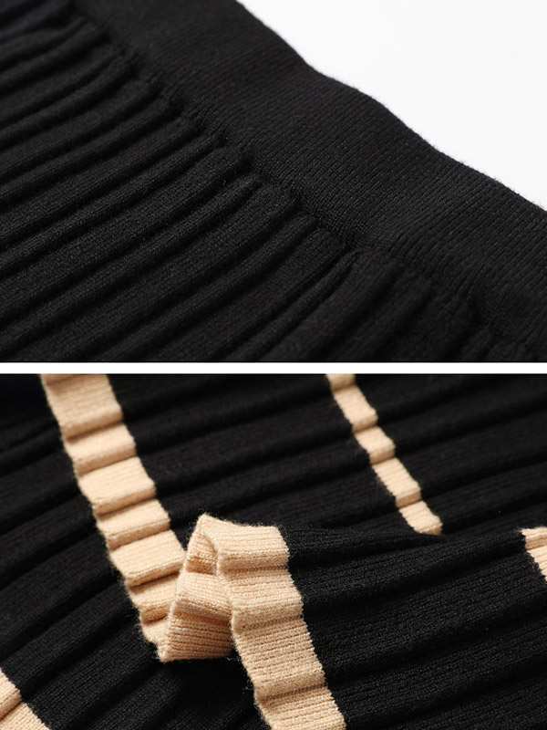 Black V-Neck Knit Top with Pleated Skirt