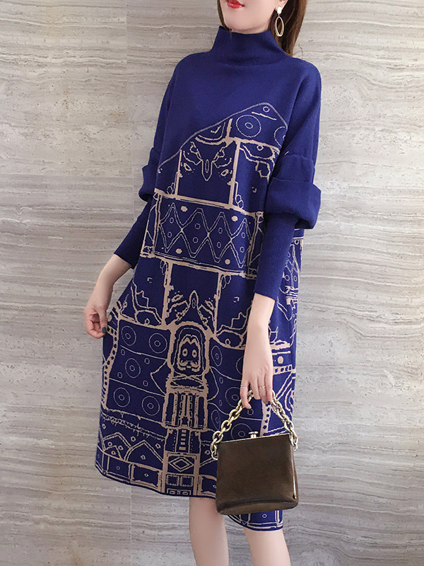 Navy Blue High Neck Knitted Shift Dress