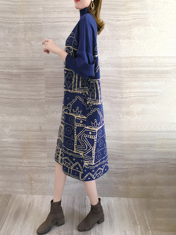 Navy Blue High Neck Knitted Shift Dress