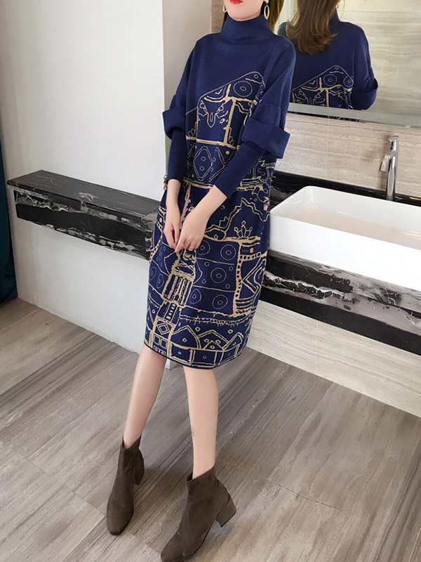 Navy Blue High Neck Knitted Shift Dress